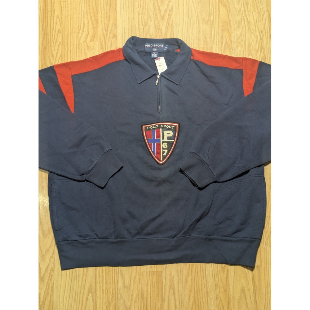 Polo Sport Mens Vintage Y2K Quarter Zip Crest Sweatshirt Navy Blue XL